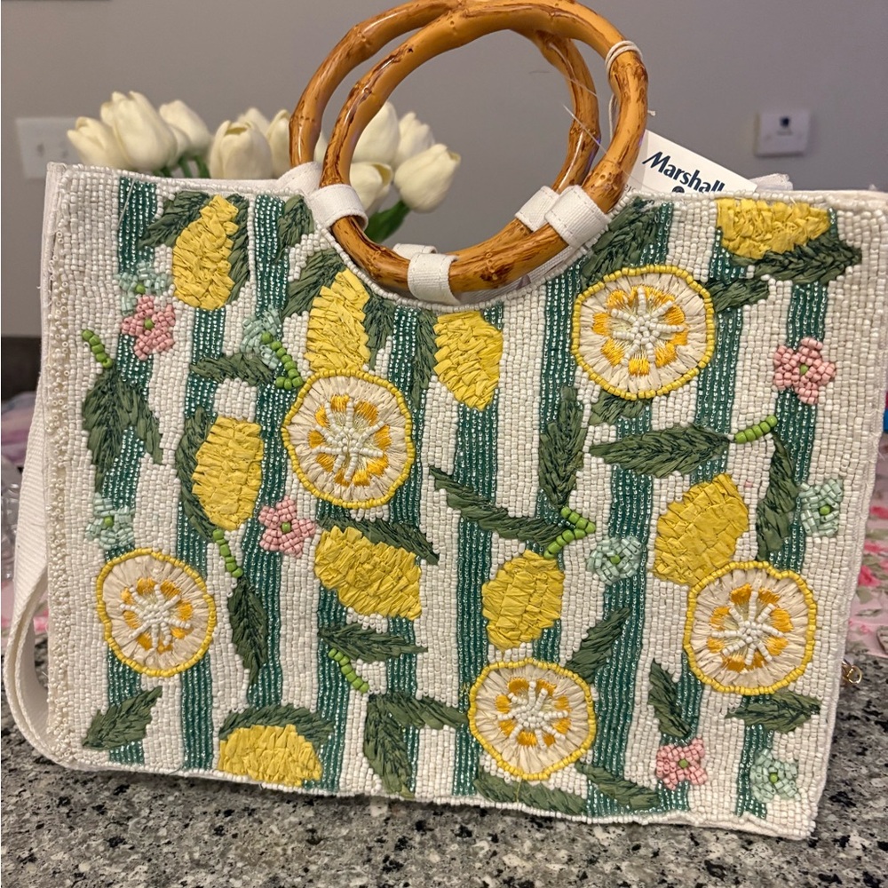 Viral Embroidered Lemon Pattern Tote Bag with Bamboo Handles